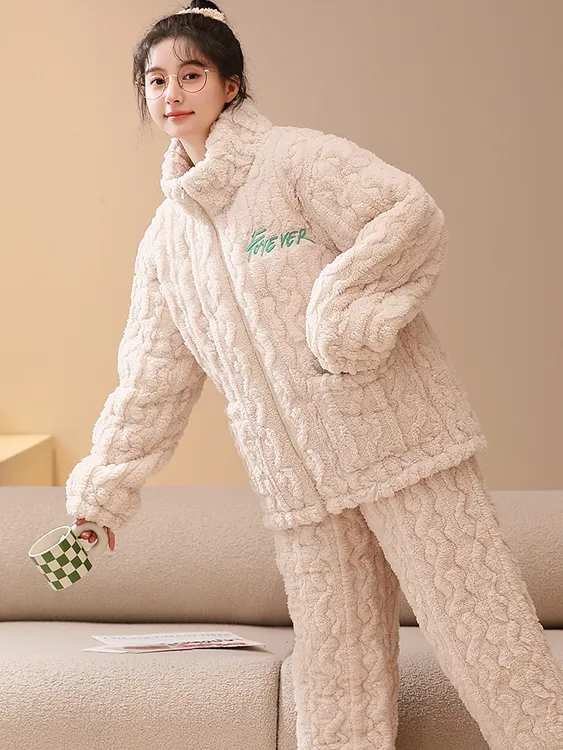 23011简约三层夹棉睡衣套装保暖加绒加厚家居服可外穿