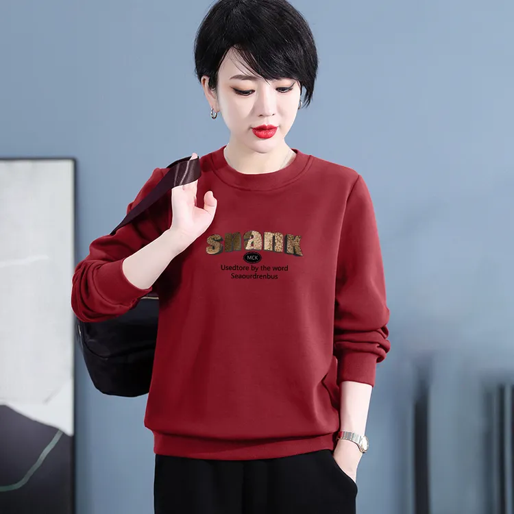 圆领新款卫衣女春秋冬季韩版洋气加绒加厚中年减龄显瘦上衣打底衫