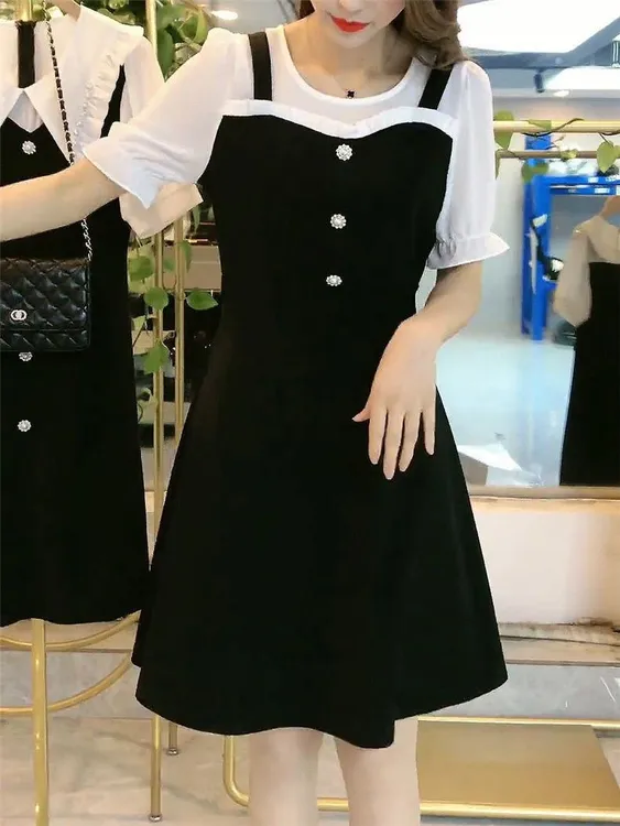 连衣裙女2025夏季新款雪纺拼接设计感气质收腰显瘦小个子a字短裙