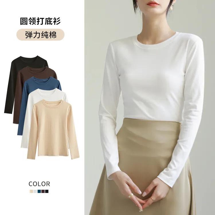 白色打底衫女内搭秋冬加绒加厚纯棉长袖t恤圆领洋气修身紧身上衣