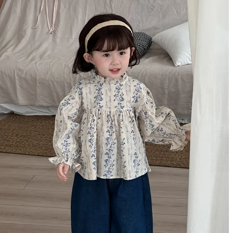 女童韩国长袖2025春季新品儿童碎花木耳领泡泡袖衬衣袖小清新衬衫