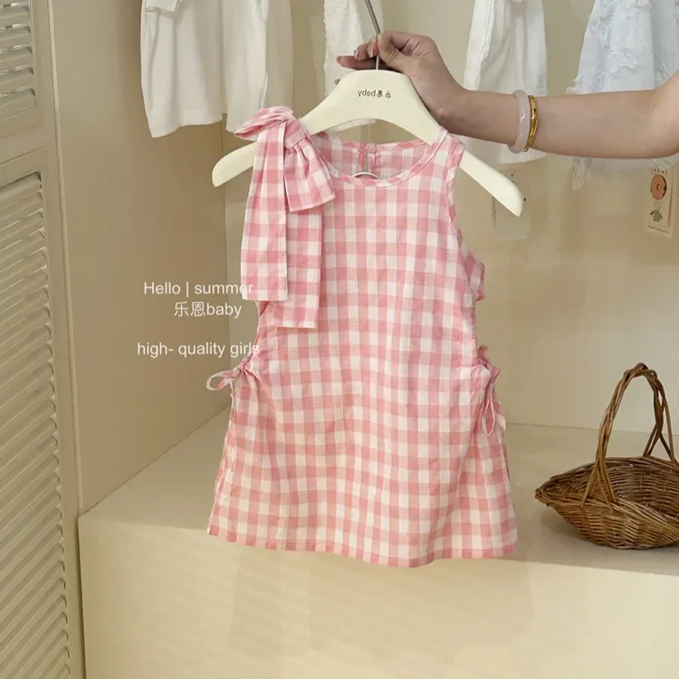 女童背心裙子夏装新款粉白格子夏季蝴蝶结宝宝洋气韩版无袖连衣裙