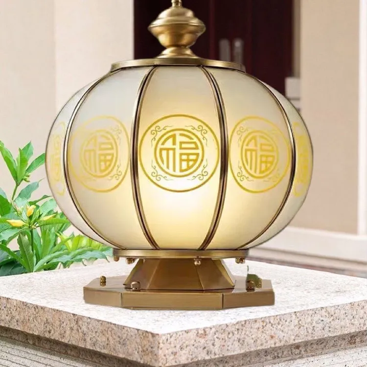 全铜新中式太阳能庭院柱头灯接电别墅围墙柱子防水户外大门柱头灯
