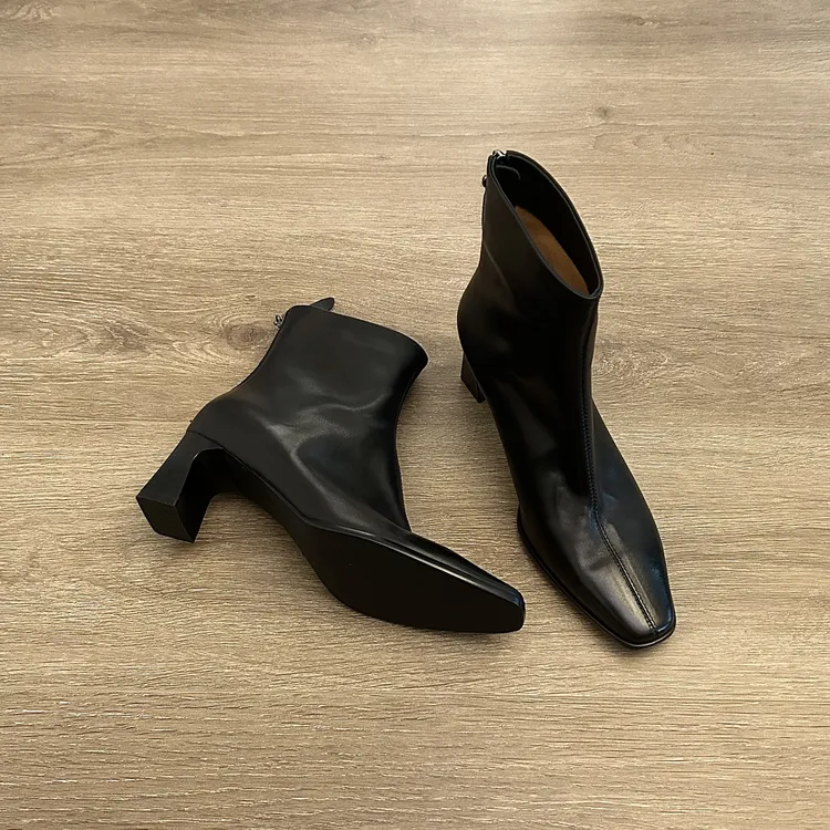 Dannyfery高跟版法式气质方头瘦瘦靴女粗跟短靴黑色秋冬靴子