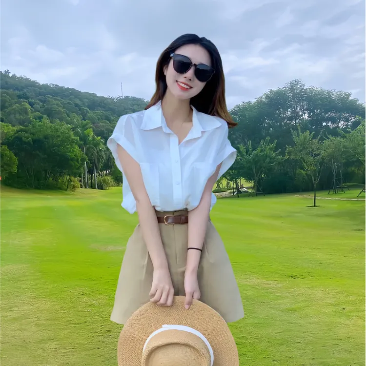 短袖飞飞袖衬衫高腰阔腿短裤小个子休闲时尚百搭夏季设计感衬衣