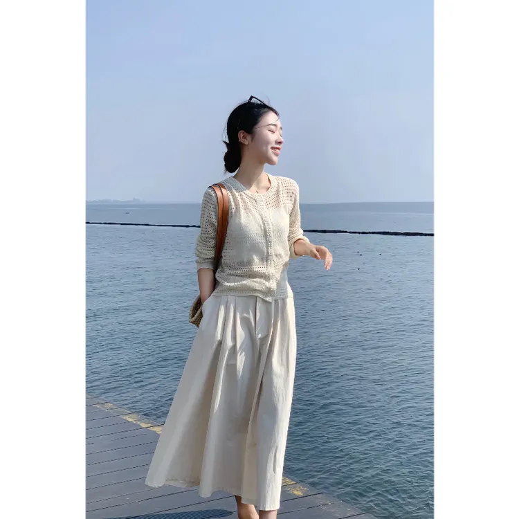 新款针织长袖防晒镂空开衫秋冬气质休闲高腰半身裙2025年套装上衣
