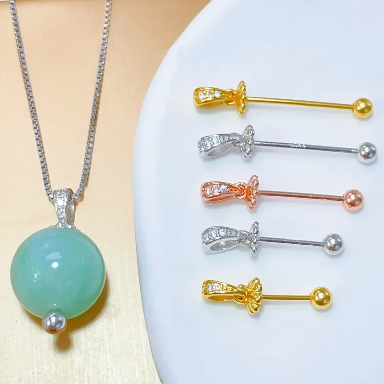 925银银制品 DIY串珠配件素款S925银转运珠扣圆珠直通螺纹空托扣