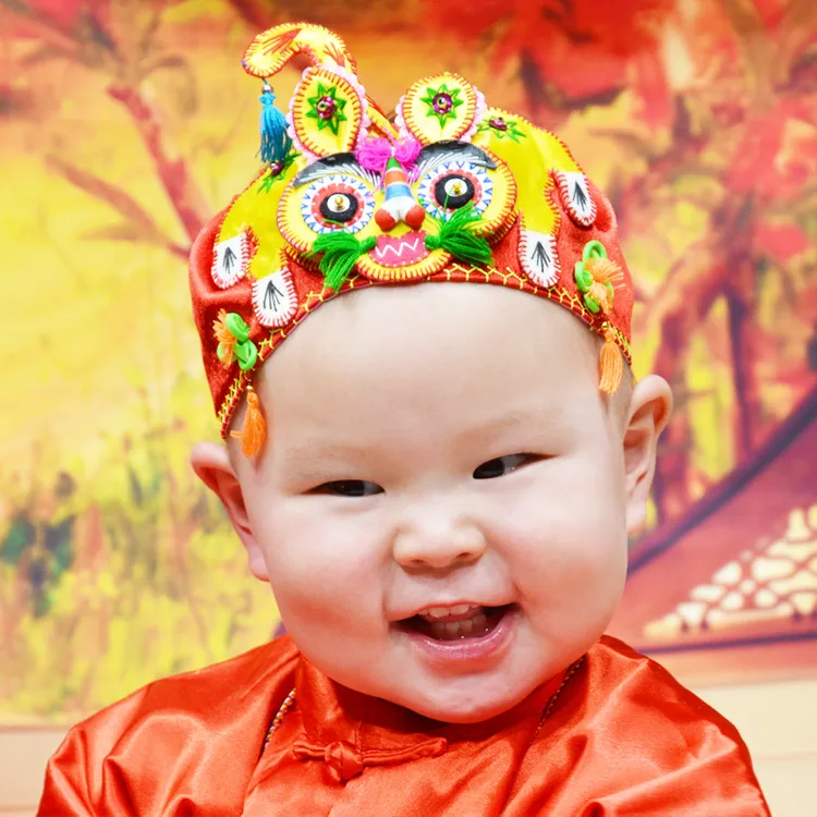 巧手绣娘手工刺绣婴儿虎头空顶帽满月护囟门帽百天凉帽宝宝生日帽