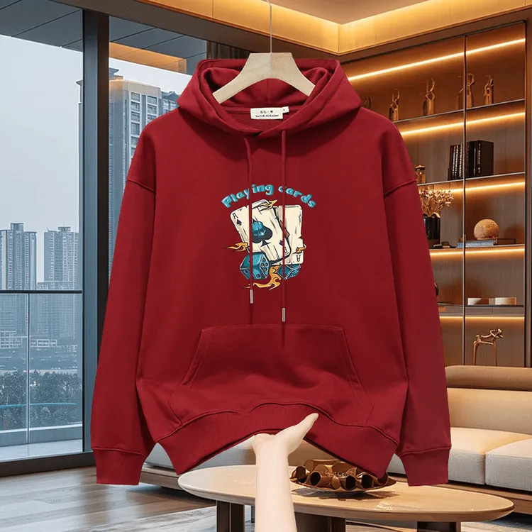 仓石一树美式潮流连帽卫衣男本命年春秋冬纯棉加绒宽松酒红色上衣