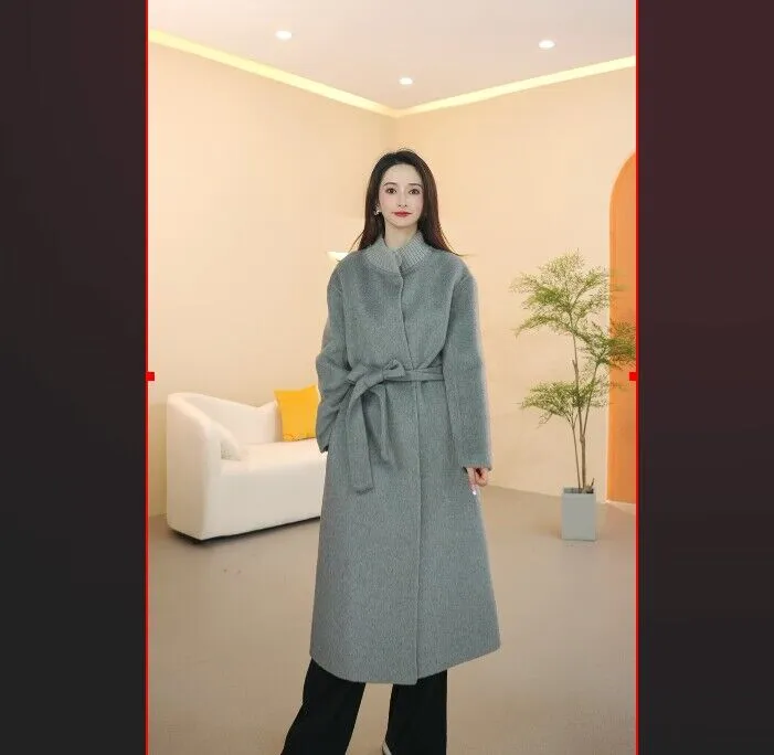 双面呢大衣气质时尚韩版中长款针织毛领立领过膝腰带