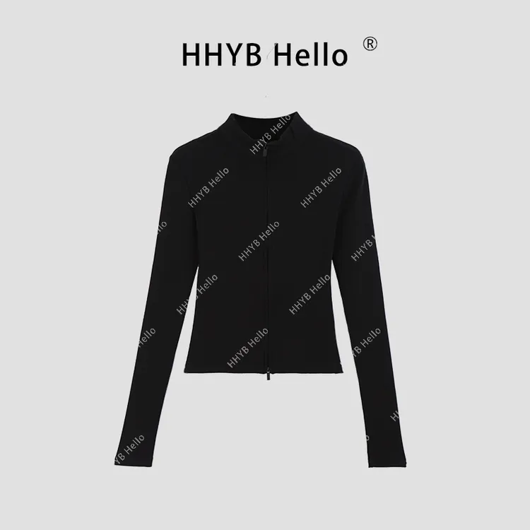 HHYB Hello纯色立领修身显瘦拉链针织开衫长袖上衣女240560