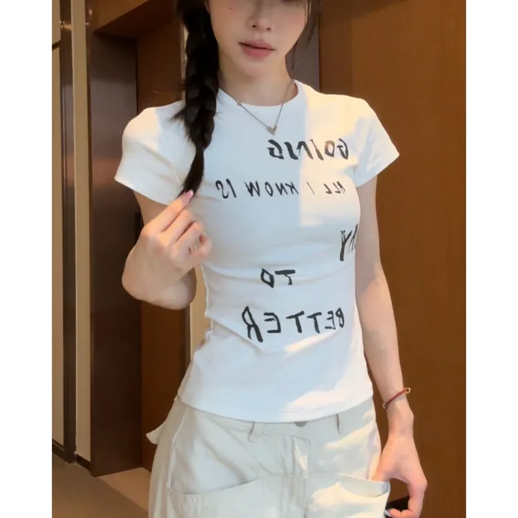 HHYB Hello小众设计感字母印花T恤女2024新款百搭休闲上衣240001