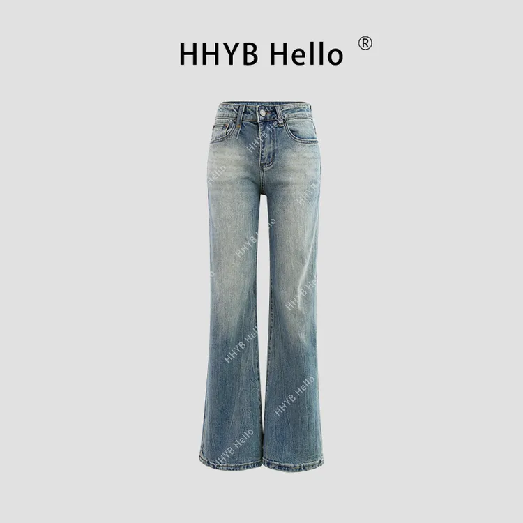 HHYB Hello百搭水洗蓝做旧蓝色休闲中腰窄版直筒牛仔裤 Q244316