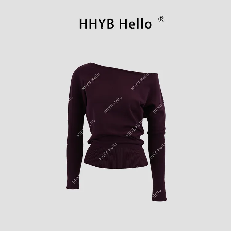 HHYB Hello2024新款设计感气质小众修身显瘦一字肩长袖针织衫M942