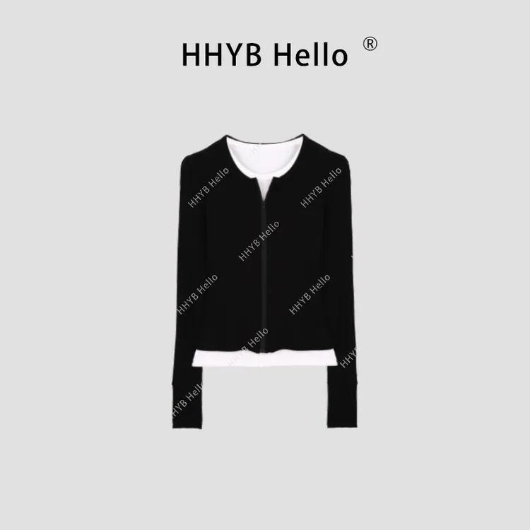 HHYB Hello假两件拼接拉链长袖T恤设计感气质修身显瘦上衣240393