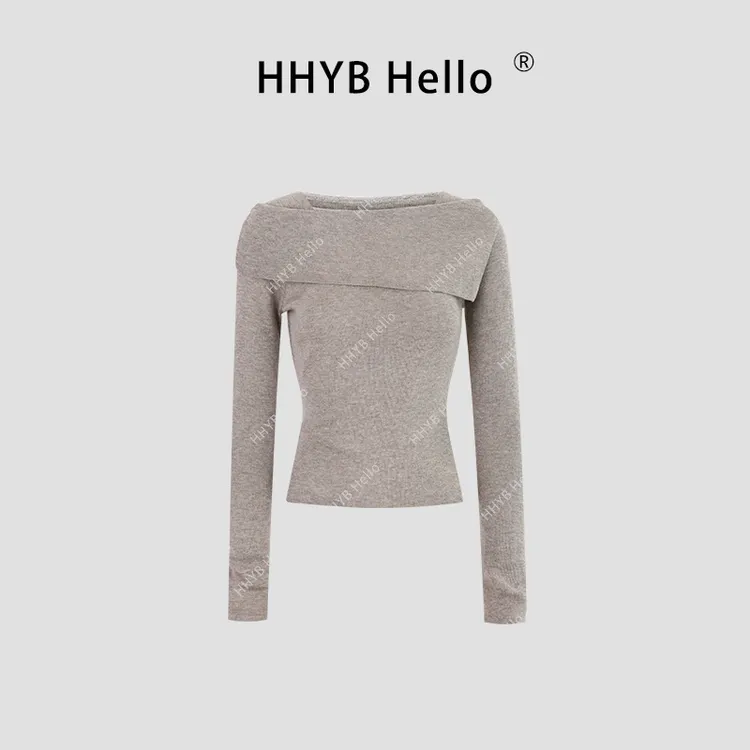 HHYB Hello一字翻领设计长袖打底针织衫2024新款韩系百搭上衣M689