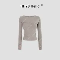 HHYB Hello一字翻领设计长袖打底针织衫2024新款韩系百搭上衣M689