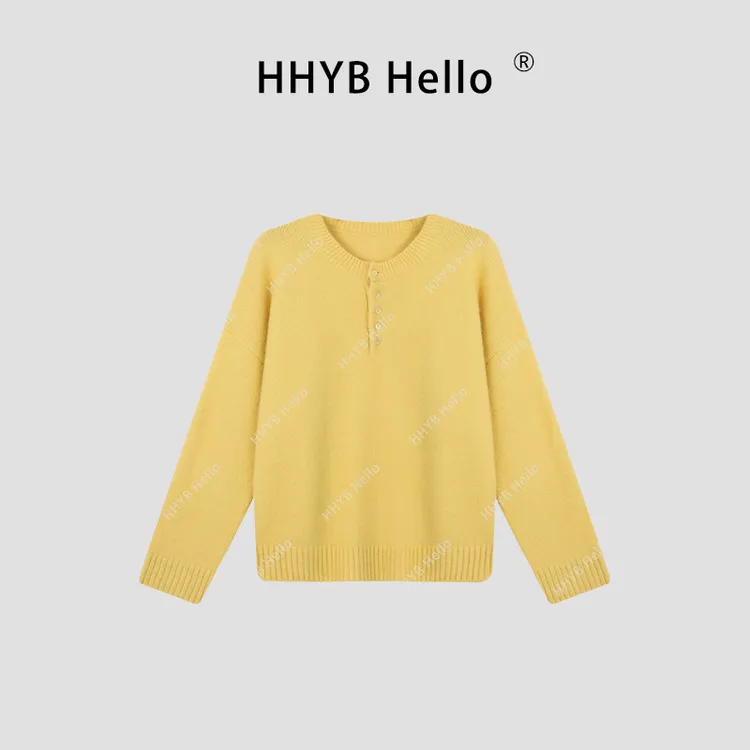 圆领半开襟长袖针织衫百搭套头上衣女H30022