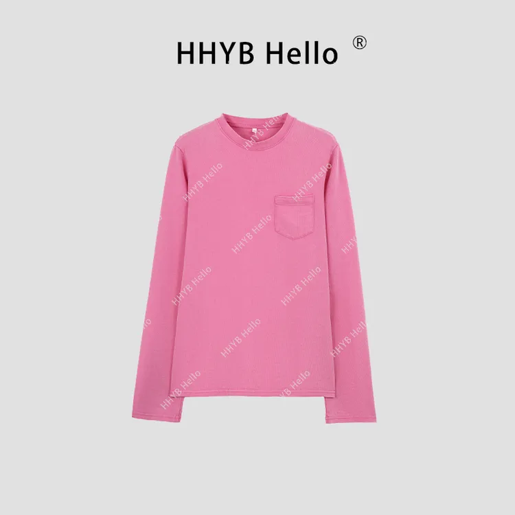 HHYB Hello【售完不补】复古炒盐做旧圆领长袖宽松纯色T恤240499