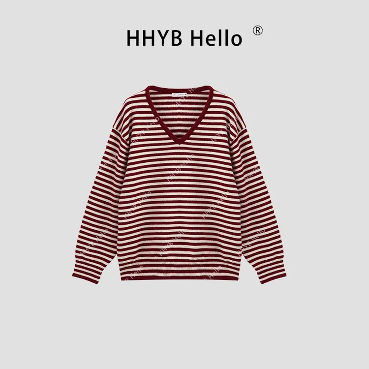 HHYB Hello2024新款气质百搭小众设计感V领撞色条纹长袖上衣M900