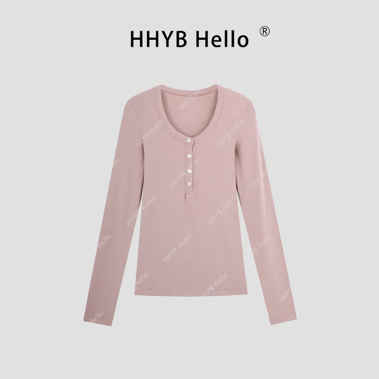 HHYB Hello纽扣修身长袖打底衫2024秋季新款百搭显瘦上衣女H10054