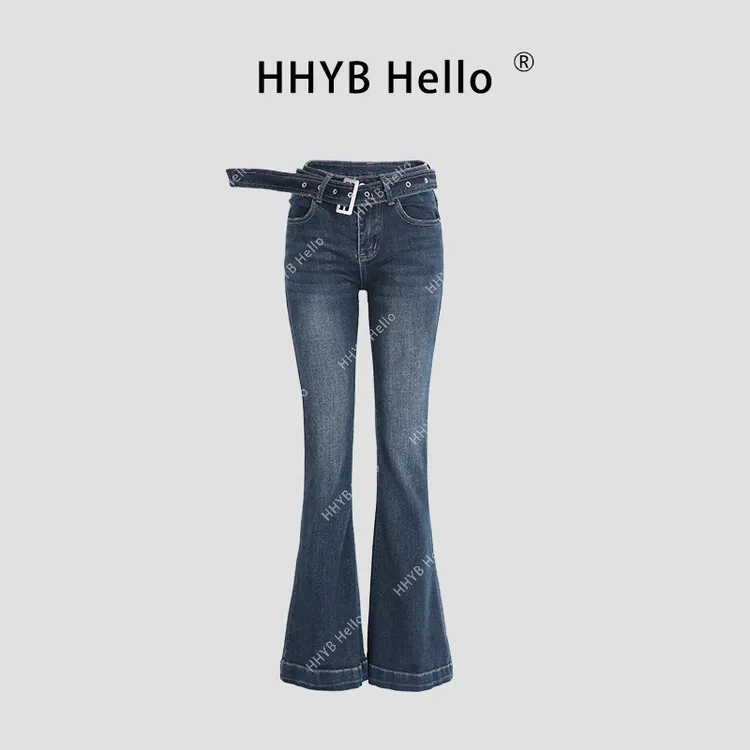 HHYB Hello复古百搭中腰微喇牛仔长裤女2024秋新款牛仔裤Q244224
