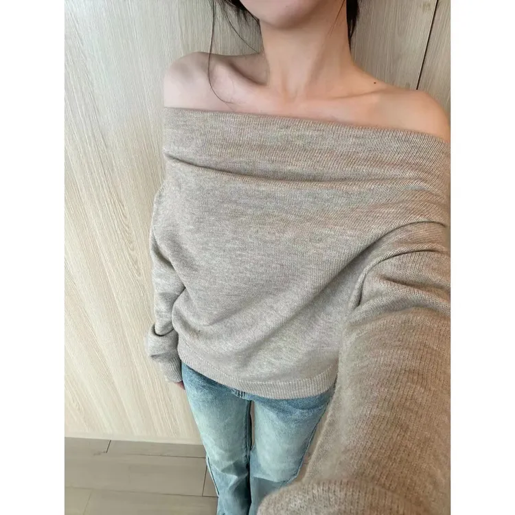 HHYB Hello一字领露肩长袖针织上衣女2024新款百搭显瘦上衣M577
