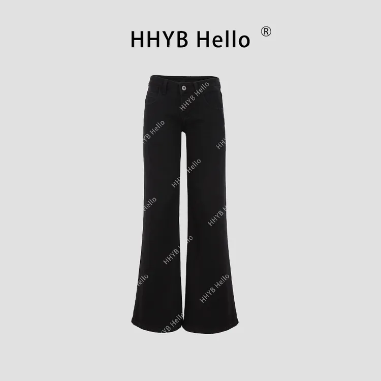 HHYB Hello低腰直筒阔腿牛仔长裤女2024黑色百搭显瘦长裤Q244183