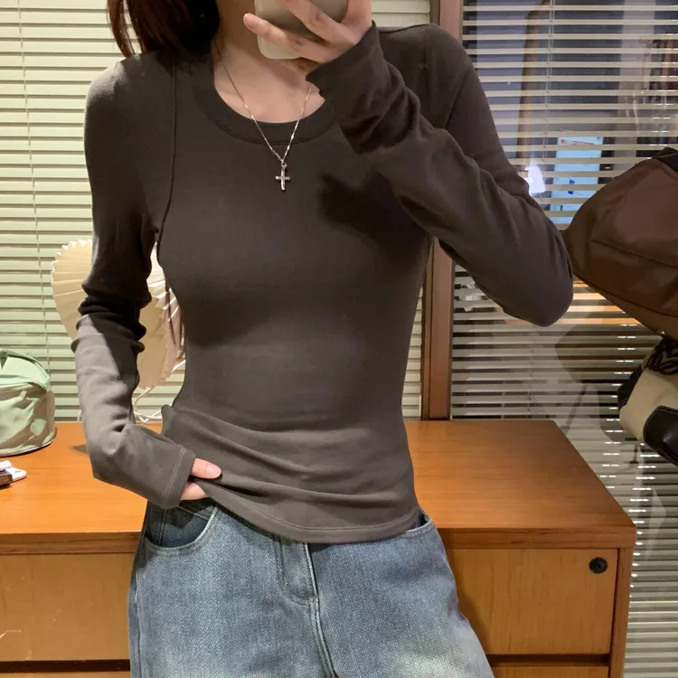 多色磨毛打底衫女百搭纯色修身显瘦女ins设计感上衣 H10083