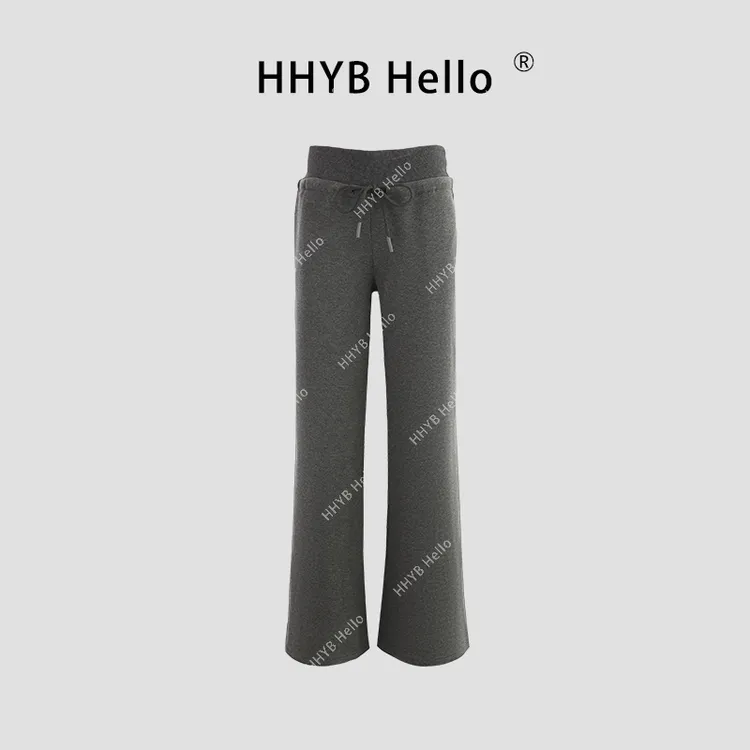 HHYB Hello内里磨毛宽腰头抽绳休闲卫裤拖地直筒拖地长裤Q244278