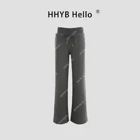 HHYB Hello内里磨毛宽腰头抽绳休闲卫裤拖地直筒拖地长裤Q244278