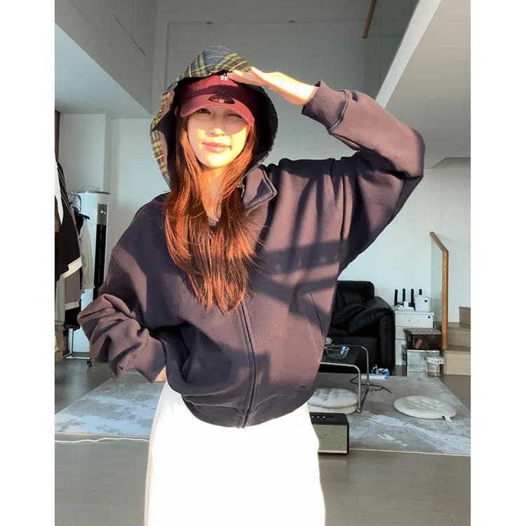 HHYB Hello复古美式连帽卫衣外套女2025新款宽松开衫上衣Q245024