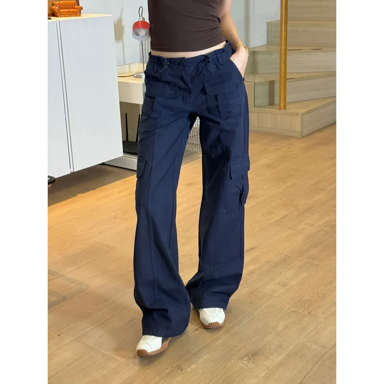 HHYB Hello美式复古多口袋低腰喇叭裤工装长裤女 Q244130