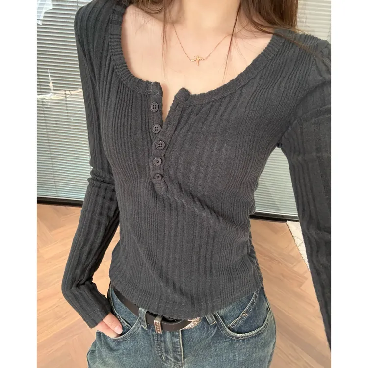 【部分现】美式复古修身显瘦U领长袖T恤女秋冬紧身短款针织衫7726