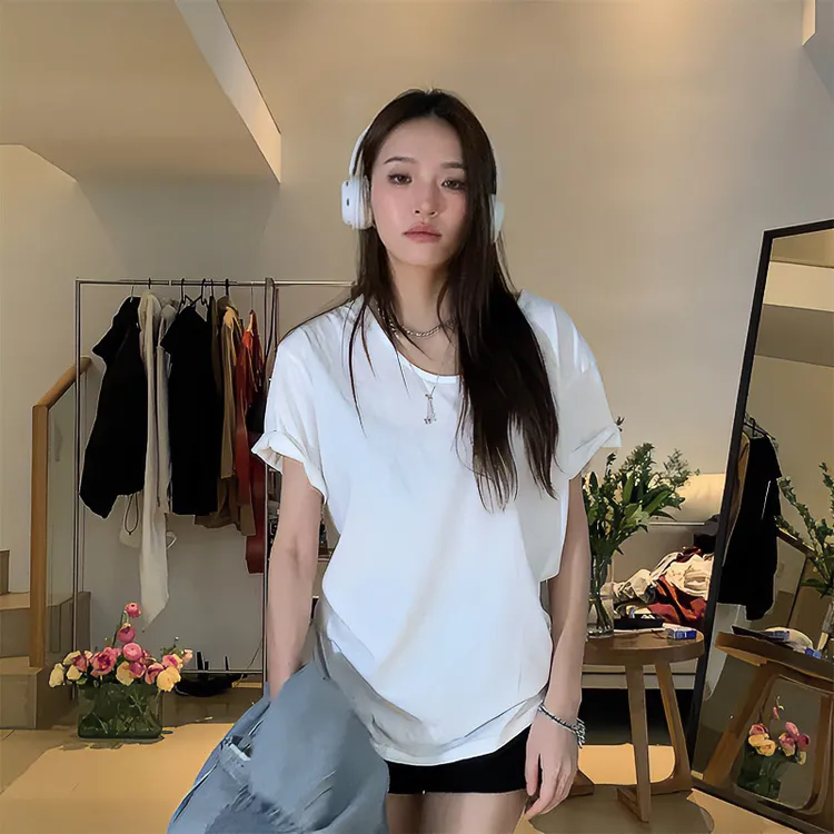 【部分现】HHYB纯色西瓜t恤女夏大U领短袖休闲宽松简约上衣女8329
