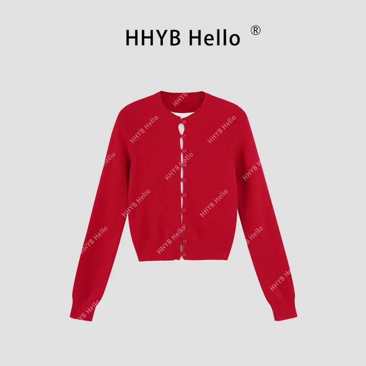 HHYB Hello圆领假两件长袖针织衫女2024早秋新款韩系百搭上衣M740