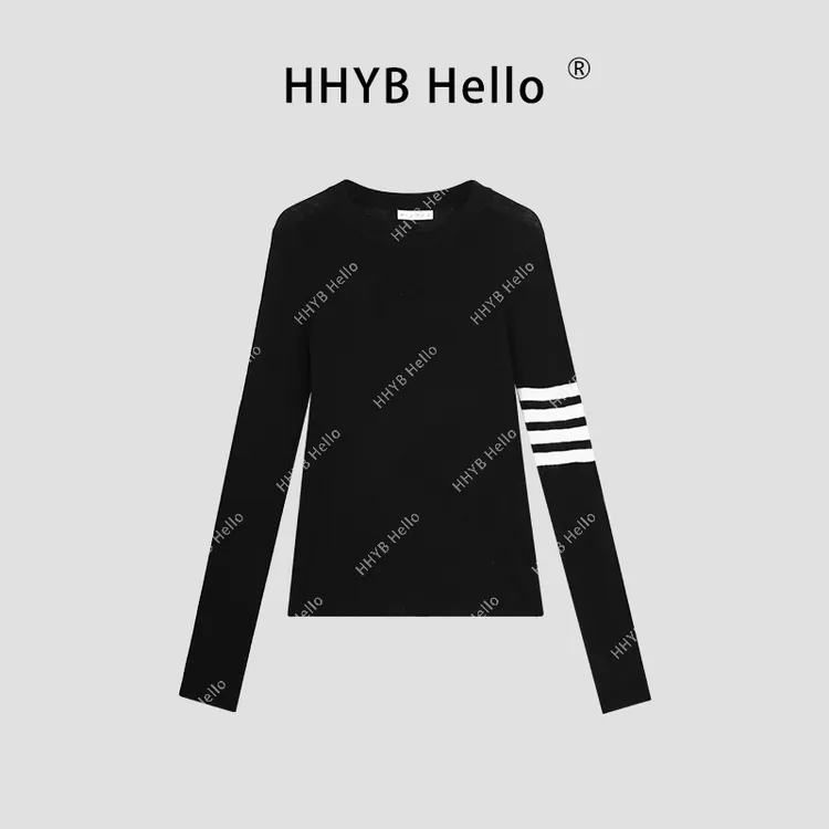 HHYB Hello圆领长袖条纹设计套头针织衫2024秋季新款百搭上衣M596