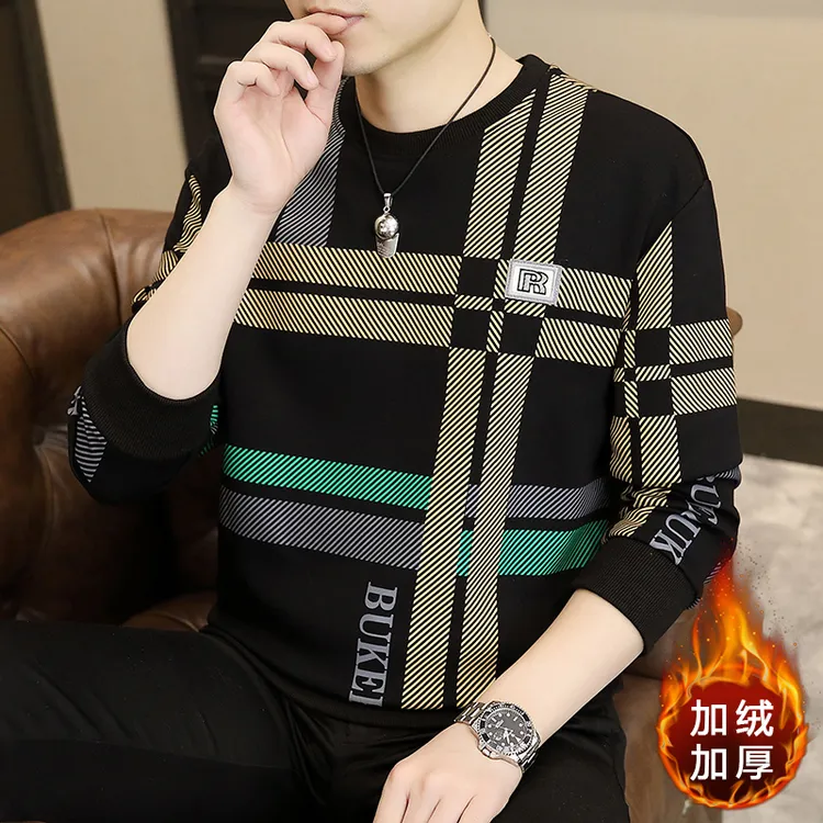 男士新款圆领卫衣秋冬季加绒加厚保暖长袖t恤潮流宽松百搭打底衫