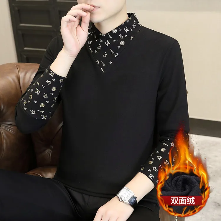 2025新款德绒假两件半高领男士打底衫秋冬加绒长袖保暖上衣男中领