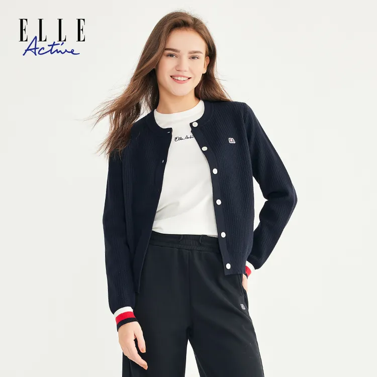 ELLE Active秋季新款圆领毛织开衫休闲百搭短外套显瘦女上衣秋装
