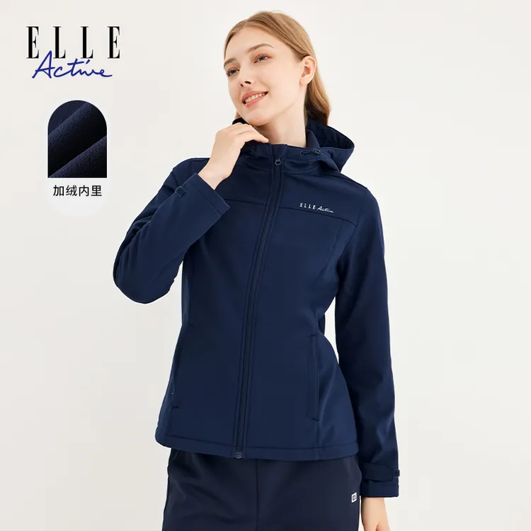 ELLE Active秋冬新款户外运动休闲连帽拉链外套女保暖加绒加厚款