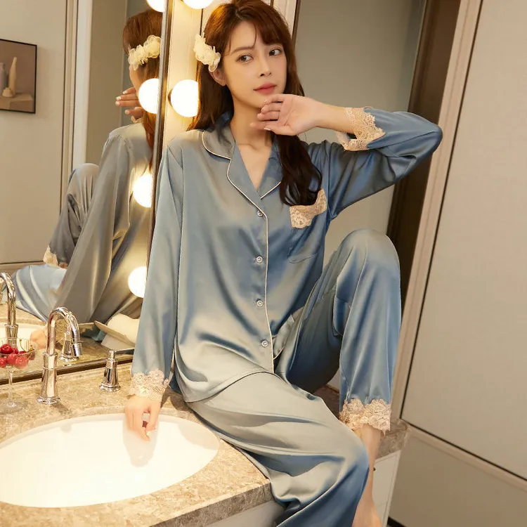 春秋加肥加大码网红睡衣长袖长裤家居服胖mm宽松冰丝绸200斤女夏