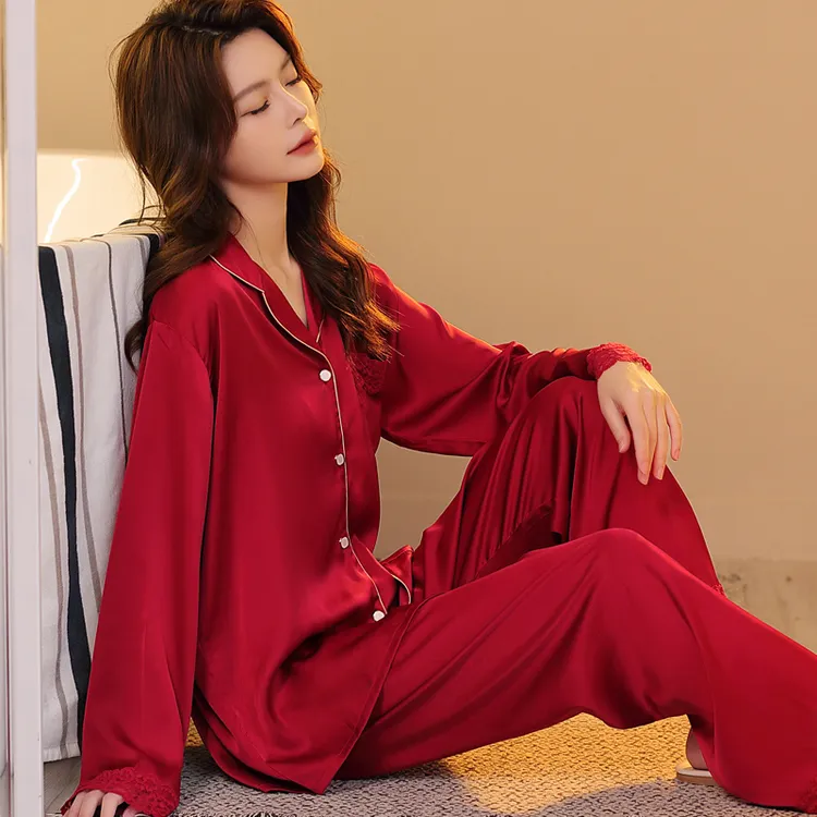 春秋新款胖mm女仿真丝冰丝长袖两件套网红睡衣加肥加大码绸家居服