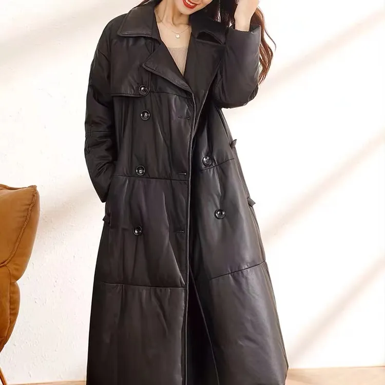 E025冬季新款长款绵羊皮真皮皮衣女白鸭绒羽绒服外套大衣海宁宽松