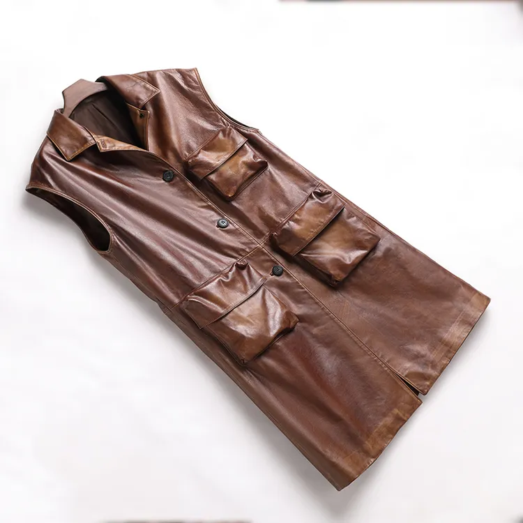 E3-60 头层牛皮真皮皮衣女2023秋冬新款长款马甲外套男女同款休闲
