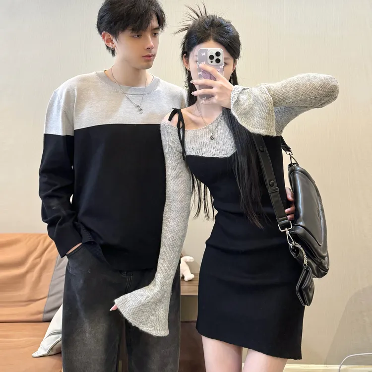 情侣装秋冬季小众设计感长袖拼色女针织连衣裙法式一裙一衣