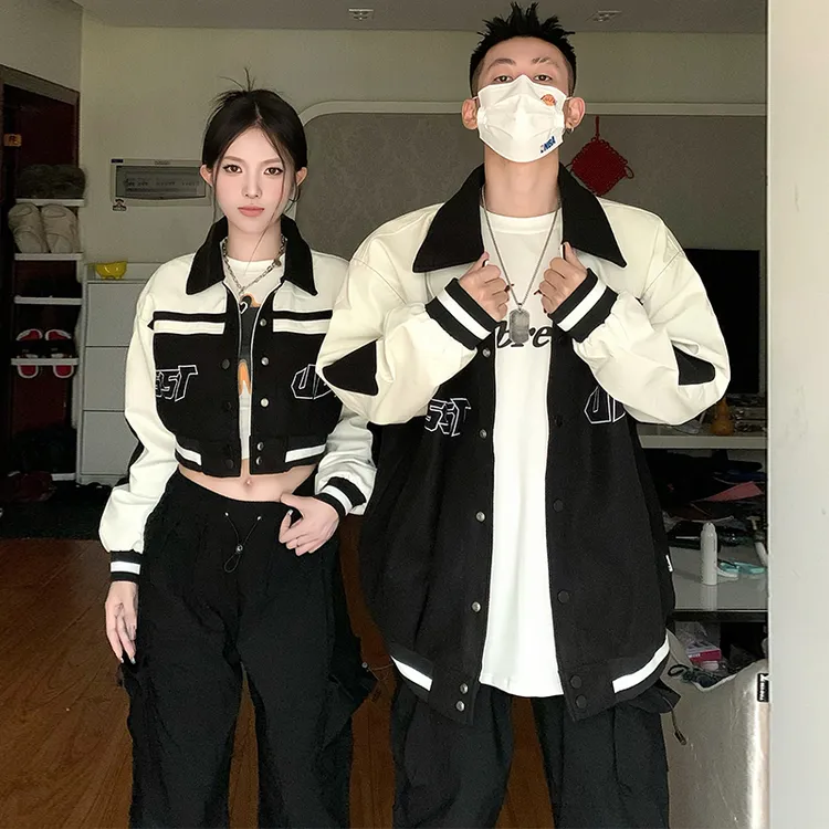 情侣装秋冬新款小众设计感漆皮拼接撞色韩版辣妹夹克外套ins潮