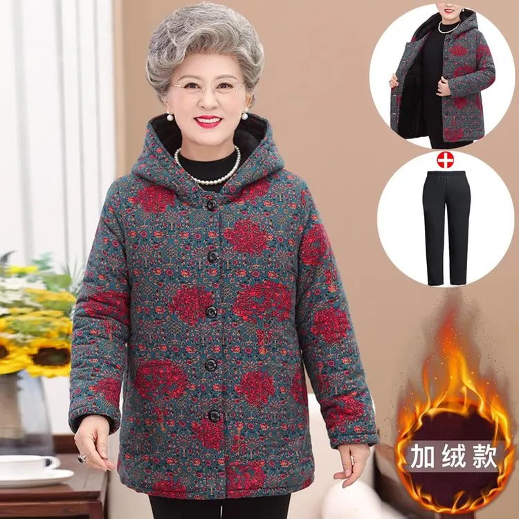 老年人冬装棉衣女奶奶连帽棉袄70岁80老太太衣服妈妈加绒老人棉服