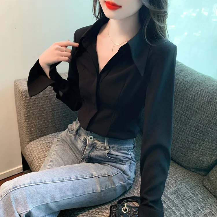 法式复古尖领长袖衬衫黑色衬衫女高级感设计感垂感抗皱衬衣洋气