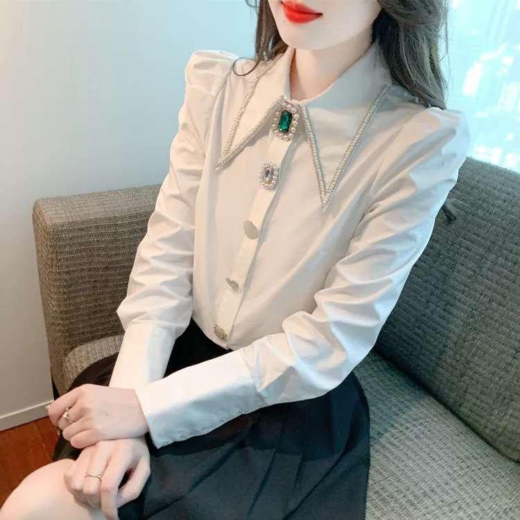2024春秋气质季新款重工钉珠镶钻衬衫女设计感小众百搭白色上衣